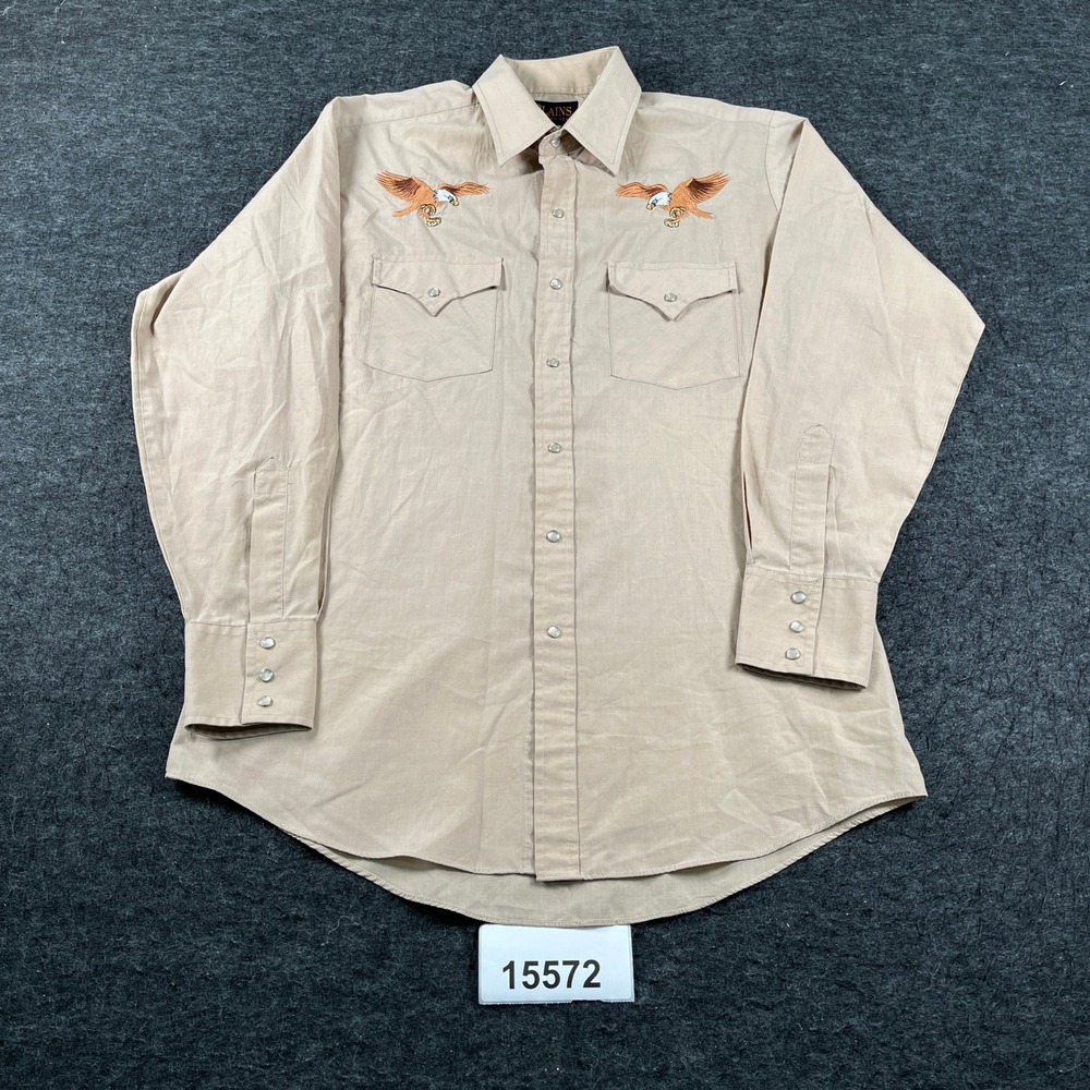 Plains Western Wear Shirt Mens Medium Beige Embroidered Pearl Snaps Button Up